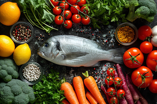 Fresh uncooked dorado or sea bream fish with lemon, herbs, oil, vegetables and spices on dark background, health concept