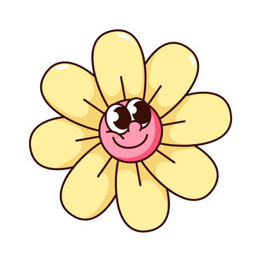 recommend clip art: Groovy flower cartoon character with cute smile. Funny retro floral mascot smiling, cartoon flower with yellow petals and red circle happy face, sunflower sticker of 70s 80s vector illustration