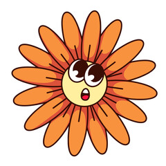 Groovy flower cartoon character with surprise expression. Funny retro floral emoji with shock on yellow face, cartoon flower mascot with Omg and Wow reaction, sticker of 70s 80s vector illustration