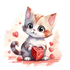 Valentine kitten, cute kitten, baby cat, love day. watercolor illustrations