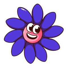 Groovy flower cartoon character laughing. Funny retro mascot, happy laugh and joy of cartoon flower with violet petals, big eyes and pink face. Comic floral sticker of 70s 80s vector illustration