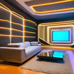 A retro-futuristic living room with neon lights and geometric furniture5