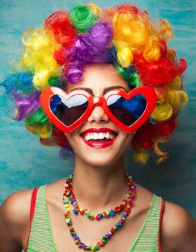 Happy Woman Wearing Colorful Wig, Large Heart Glasses, Happy, Big Smile