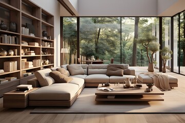 A cozy living room with Scandinavian design elements, big window and bookshelf