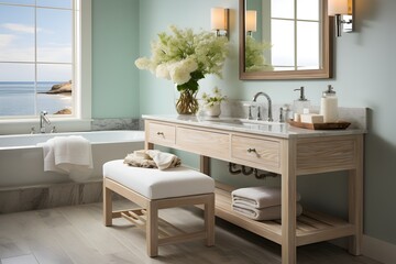 A coastal-inspired bathroom with light hues and natural textures