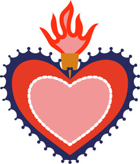 Mexican sacred flaming heart symbol. Mexican Gods heart apparel print, Mexico sacred decoration or Latin America culture love vector symbol. Christian religion spiritual tattoo or patch