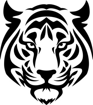 Tattoo tiger head silhouette in black color. Vector template for tattoo design.