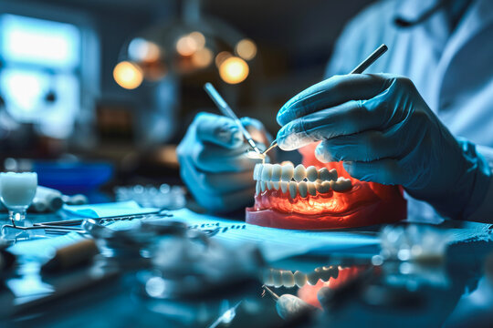 Dentist Student Practicing on Set of False Teeth. Health Concept