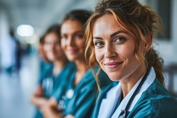 Fototapeta premium Team of Female Doctors at Hospital Posing to Camera. Health Concept