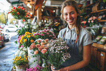 Beautiful florist Woman Holding flowers Smiling. Lifestyle Concept