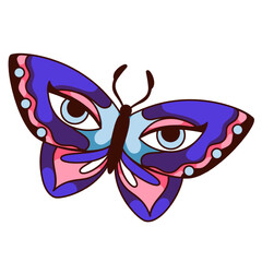 Groovy cartoon butterfly with psychedelic eyes pattern on violet wings. Funny retro flying insect mascot, cartoon trippy butterfly with funky details, hippy sticker of 70s 80s vector illustration