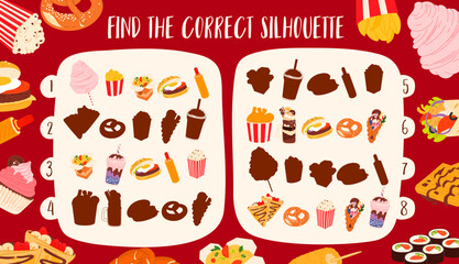 Find the correct silhouette of fast food, desserts and drinks game worksheet. Fastfood junk meal puzzle quiz with cartoon egg burger, corn dog, chicken legs, popcorn, cocktail, wok noodles and fries