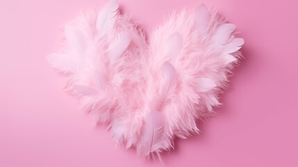 A cloud of pink feathers heart shaped on a pink background. 