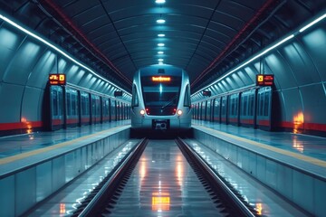 Frontal view of a modern metro wagon. Train into a neon-lit arched tunnel of the underground subway.