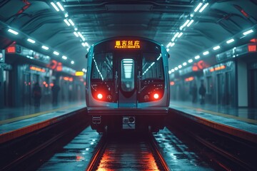Fototapeta premium Frontal view of a modern metro wagon. Train into a neon-lit arched tunnel of the underground subway.