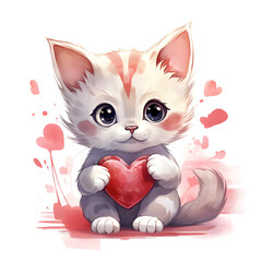 Obraz premium Valentine kitten, cute kitten, baby cat, love day. watercolor illustrations