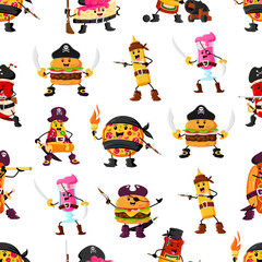 Cartoon fast food pirate and corsair characters pattern. Seamless background with cute personages of vector hamburger, pizza, hot dog and soda, cheesecake, ketchup and mustard with pirate hats, guns