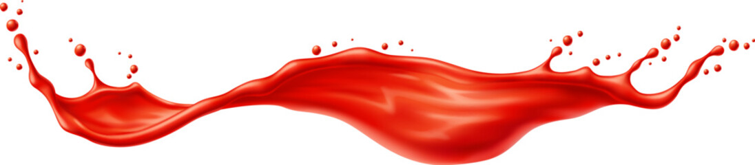 Red wave of tomato juice or ketchup sauce splash. Vector 3d liquid flow with drops and ripple texture. Realistic tomato sauce, ketchup, red vegetable juice, spicy food condiment and drink