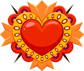 Mexico sacred Jesus heart vintage symbol or cartoon icon. Christian religion, Jesus sacred heart with golden decorations and thorns. Mexico or Latin America culture spiritual tattoo or vector print