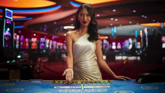 Portrait of a Profesional Asian Croupier in a Casino Dealing Playing Cards on a Baccarat Table. Game Dealer Opens and Reveals Winning Cards to the Audicence, Looking at the Camera in Online Casino