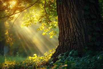 Enchanted woodlands. Stunning forest landscape bathed in warmth of morning sunlight featuring green foliage mist and magical atmosphere perfect for capturing beauty of nature - Powered by Adobe
