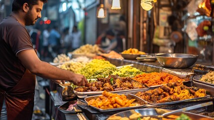Obraz premium Mumbai street food, a man cooking outdoors, selling street food, bustling cityscape