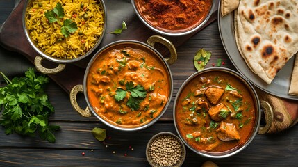 Homemade Indian curries, rustic kitchen setting, spices 