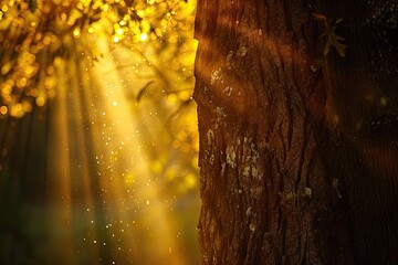 Obraz premium Enchanted woodlands. Stunning forest landscape bathed in warmth of morning sunlight featuring green foliage mist and magical atmosphere perfect for capturing beauty of nature