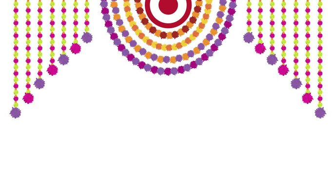 4k Traditional indian marigold floral garland animated video,wedding and festival decoration,border flower decoration with white background