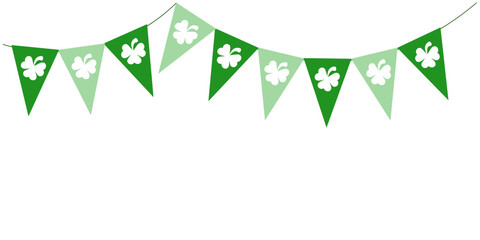 St Patrick Day green bunting pennants with clover symbol, flags garland, Irish holiday, panoramic decorative vector illustration garland with shamrocks for greeting card, poster, banner.