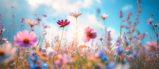 Vibrant Spring Blossoms: Close-Up of Colorful Cosmos Flowers in a Natural Setting