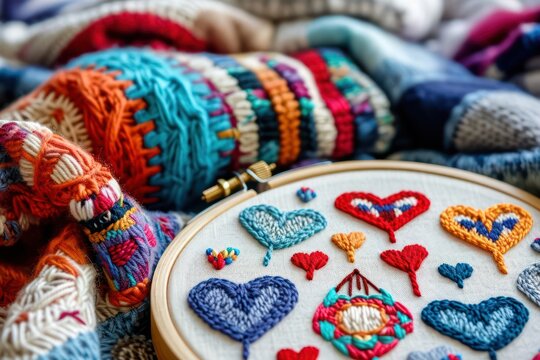 Ornament of hearts embroidery in hoop Valentine's day background. Generative AI