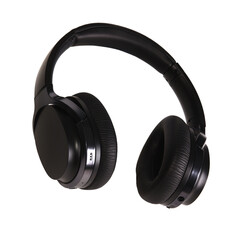 Fototapeta na wymiar Black wireless modern headphones on a white isolated background