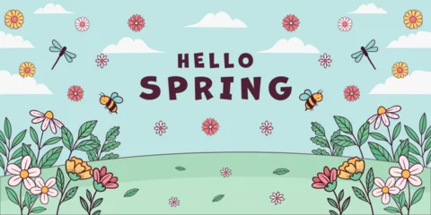 Fototapeten hand drawn spring landscape horizontal banner illustration © Slow Area