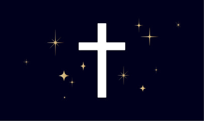 Christian religious cross. Symbol religion cross on dark background, shiny golden stars. White prayer cross sign, religious symbol, golden stars, black background christian faith. Vector Illustration