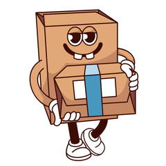 Groovy cardboard box cartoon character carrying package. Funny retro fast delivery mascot walking, cartoon box courier with funky smile giving gift parcel, sticker of 70s 80s vector illustration