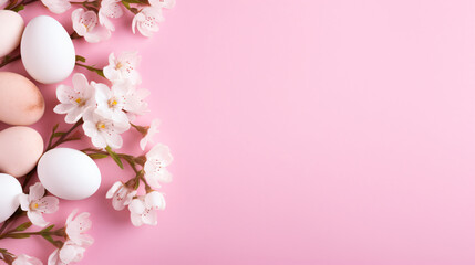 Naklejka na ściany i meble A branch with white eggs and pink flowers on a pink background