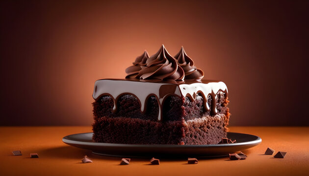 chocolate cake slice on a plate, brown background