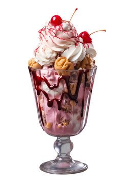 Amazing delicious ice cream sundae in a tall glass. PNG file with transparency. Generative Ai