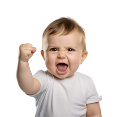 Baby hold up his fist determined to work hard! funny shot in png transparent background