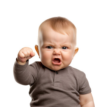 Baby hold up his fist determined to work hard! funny shot in png transparent background