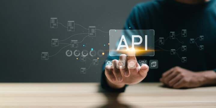 API Application Programming Interface concept, Man touch with virtual screen API icon Software development tool.