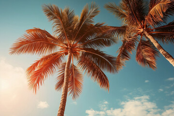 Vacation, summer holidays. Top view. Palm trees on the beach.