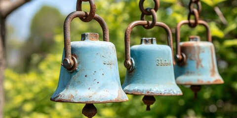 Fototapeta premium Rustic Charm of Hanging Bells. bells hanging in an outdoor setting.
