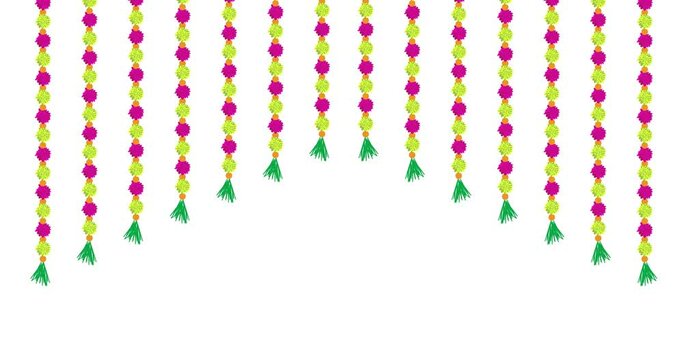 4k Traditional indian marigold floral garland animated video,wedding and festival decoration,border flower decoration with white background