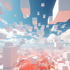 Abstract 3D rendering of floating cubes in a surreal and dreamlike environment with Copy Space