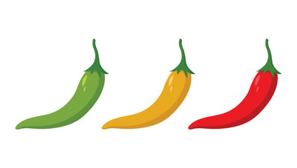 Hot chilli peppers flat icon set. Green , yellow and red. Vector illustration isolated on white background