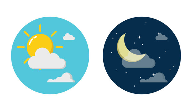 Day and night concept in circle template with sun and moon in sky. Vector Illustration