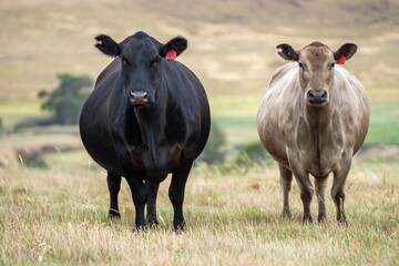 Stud Beef bulls, fat cows and calves grazing on grass in a field, in Australia. breeds of cattle...