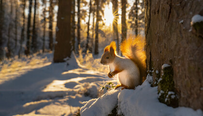 red squirrel in snowy winter forest, backlight, generative ai